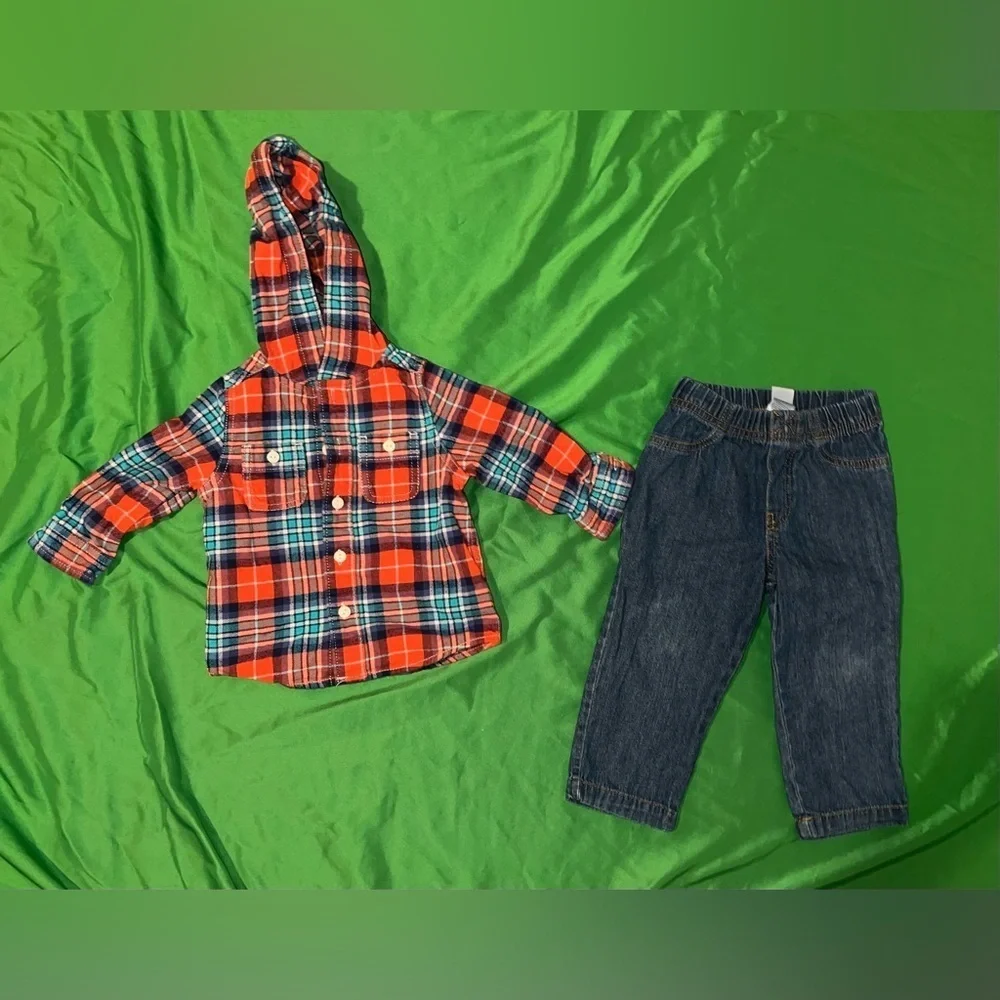OshKosh B'gosh Vibrant Plaid Shirt and Carters Jeans Outfit 18 Months